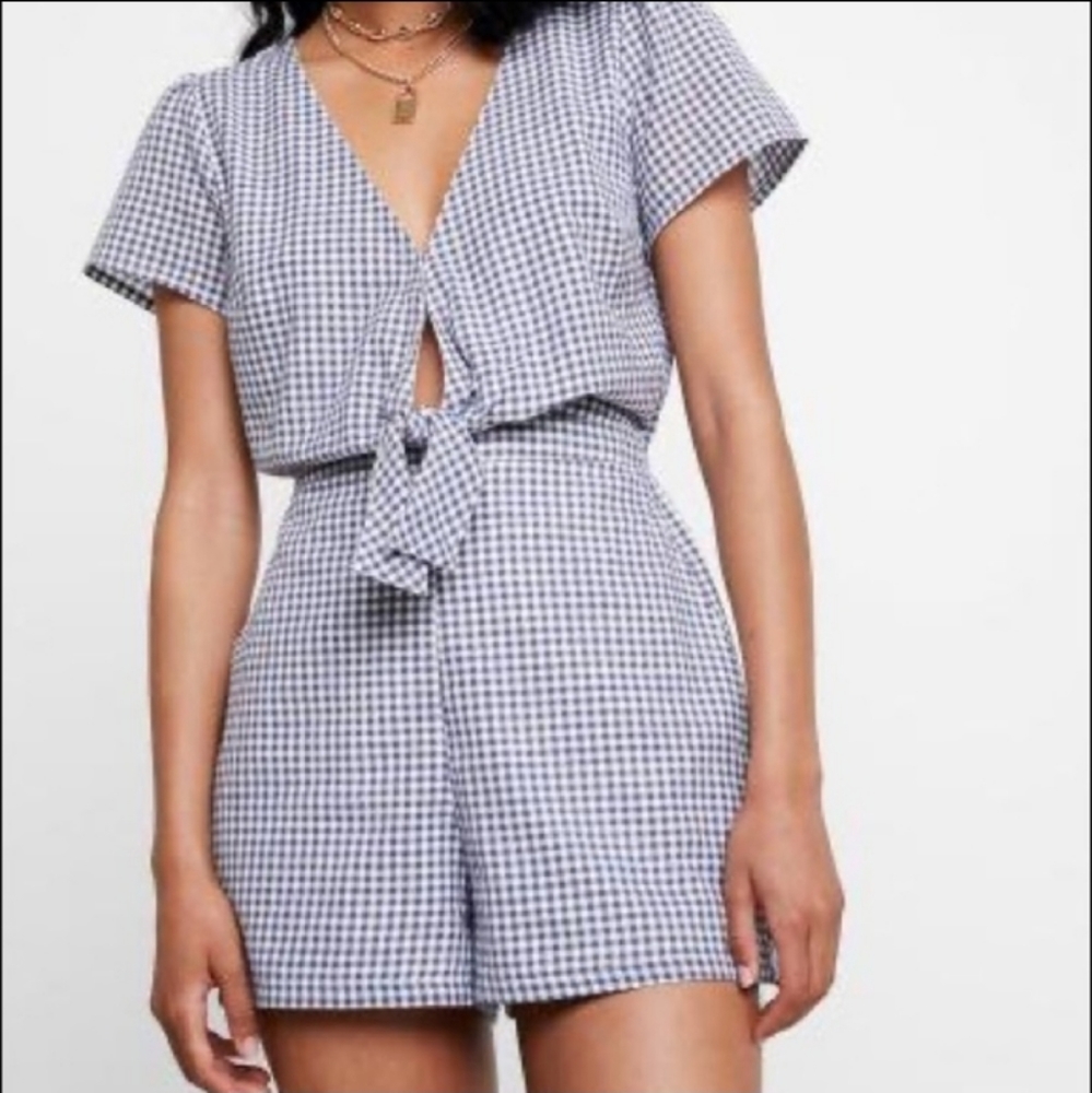 Abercrombie & Fitch Gingham Tie Front Deep V-neck Romper Cotton White Blue L